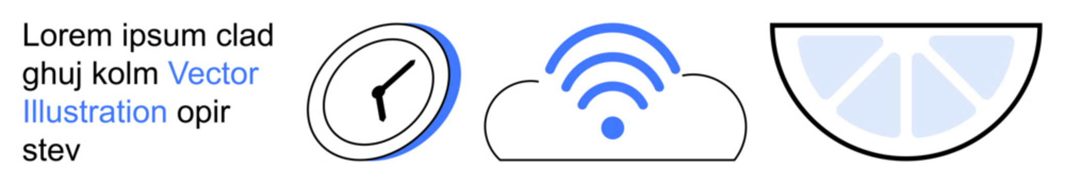 Time management, digital connectivity, communication, abstract symbols, user interface, networking. A clock, wireless signal in a cloud and semi-circle design. Time management and digital