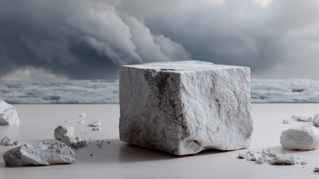 Large Stone Cube on Stormy Minimal Landscape