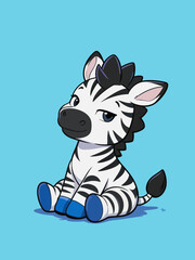 Obraz premium A stylized chibi cartoon baby zebra sitting alone on a solid light blue background, with polished clean line art and cute playful expression.