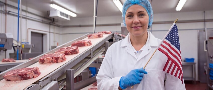 USA Smiling female quality inspector holding an American flag in a meat processing plant. Food manufacturing concept for Labor Day and Independence Day 2026