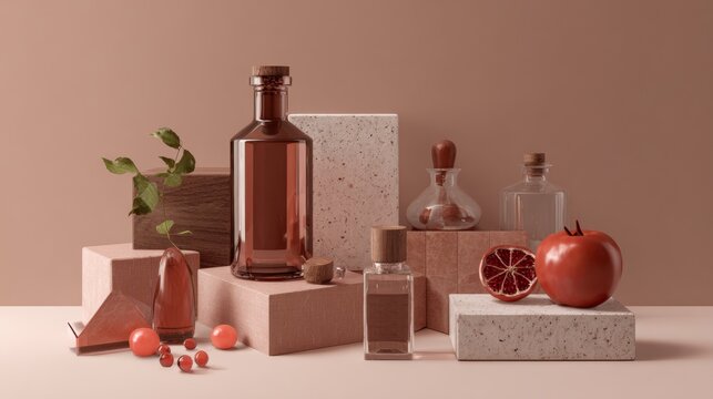 Elegant Cosmetic Bottles with Pomegranate Still Life