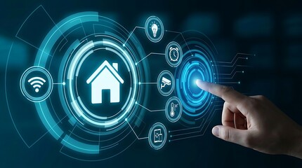 Obraz premium Interaksi Manusia dengan Teknologi Rumah Pintar Melalui Antarmuka Digital Futuristik