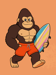 Obraz premium A cartoon illustration of a muscular anthropomorphic gorilla wearing red swim trunks, carrying a striped surfboard while walking in summer beach style.
