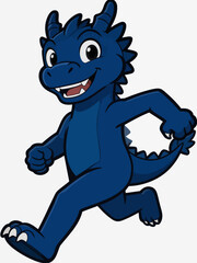 Fototapeta premium A cartoon blue dragon mascot running with a happy smiling expression, designed as a cute fantasy creature character.