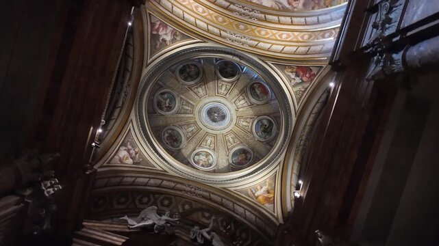Cinematic Slow Motion View Of The Grand Painted Dome In Santi XII Apostoli Rome