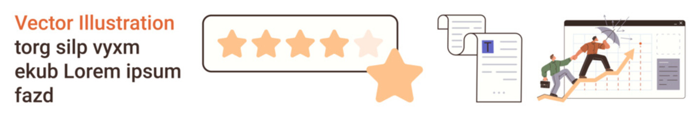 Fototapeta premium Business strategy, teamwork, customer reviews, success measurement, project management, goal tracking. A rating bar with stars, documents and a chart with a team climbing upward. Customer reviews