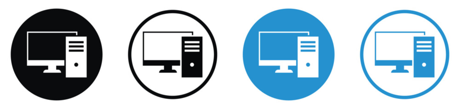 Personal computer workstation icon set. Displays a desktop monitor with a CPU tower representing personal computing, office hardware, and IT systems. Minimalist flat vector design.