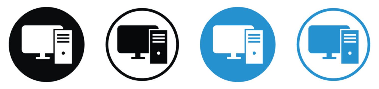 Personal computer workstation icon set. Displays a desktop monitor with a CPU tower representing personal computing, office hardware, and IT systems. Minimalist flat vector design.