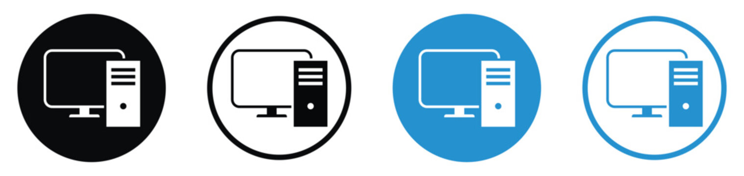 Personal computer workstation icon set. Displays a desktop monitor with a CPU tower representing personal computing, office hardware, and IT systems. Minimalist flat vector design.