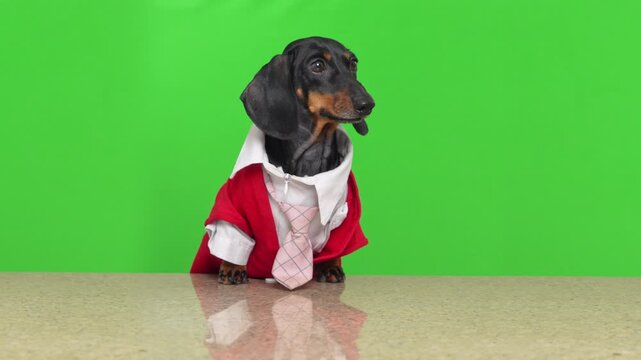 Black dachshund dog in red sweater and pink checkered tie sitting at marble counter on chroma key background, office worker pet costume