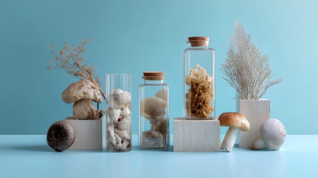 Natural Botanical Specimens in Glass Jars on Blue Background