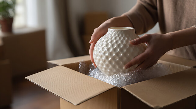 Close-up of hands carefully place decorative ceramic vase into cardboard box, bubble wrap for safe move, transfer, shipment, or storage