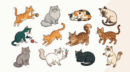 Fototapeta premium A delightful collection of twelve charming cartoon cats, showcasing a diverse range of breeds and playful personalities, perfect for pet-themed designs and feline enthusiasts