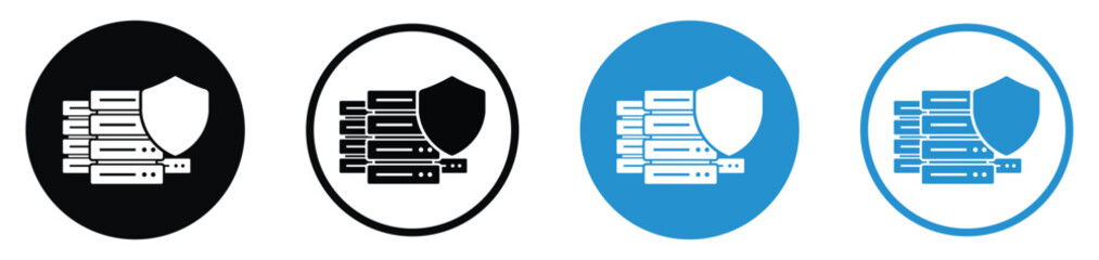 Fototapeta premium Data security and server protection icon set. Features a database tower shielded for cyber security, cloud safety, and information privacy. Flat vector design in blue and black variants.