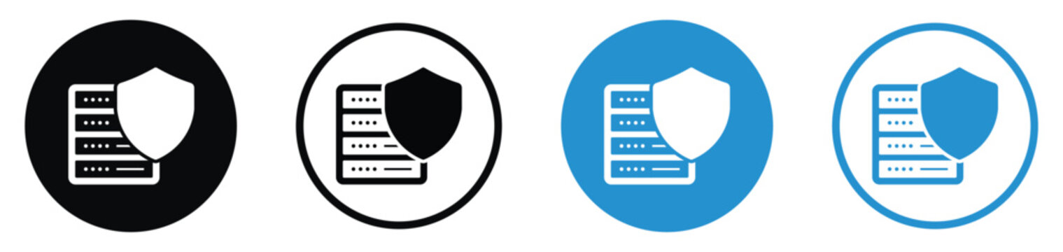Data security and server protection icon set. Features a database tower shielded for cyber security, cloud safety, and information privacy. Flat vector design in blue and black variants.