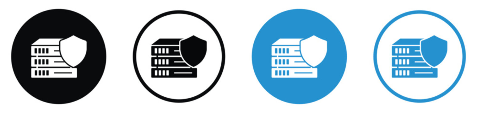 Data security and server protection icon set. Features a database tower shielded for cyber security, cloud safety, and information privacy. Flat vector design in blue and black variants.