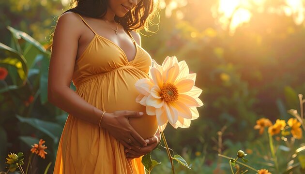 A pregnant woman in a yellow dress cradles her belly, bathed in golden sunlight, holding a large flower, surrounded by a garden