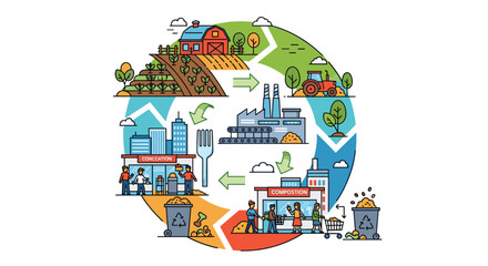 Fototapeta premium Circular economy and sustainable food production cycle illustration showing farm to table process food processing consumption and composting waste recycling loop, Generative AI.