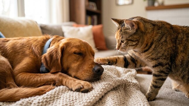 cat booping sleeping dog nose