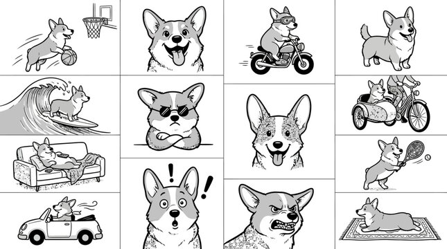 Charming collection of cartoon Corgi dogs in diverse playful and expressive scenarios, from sports and relaxation to travel, depicted in a stylish monochrome vector illustration set