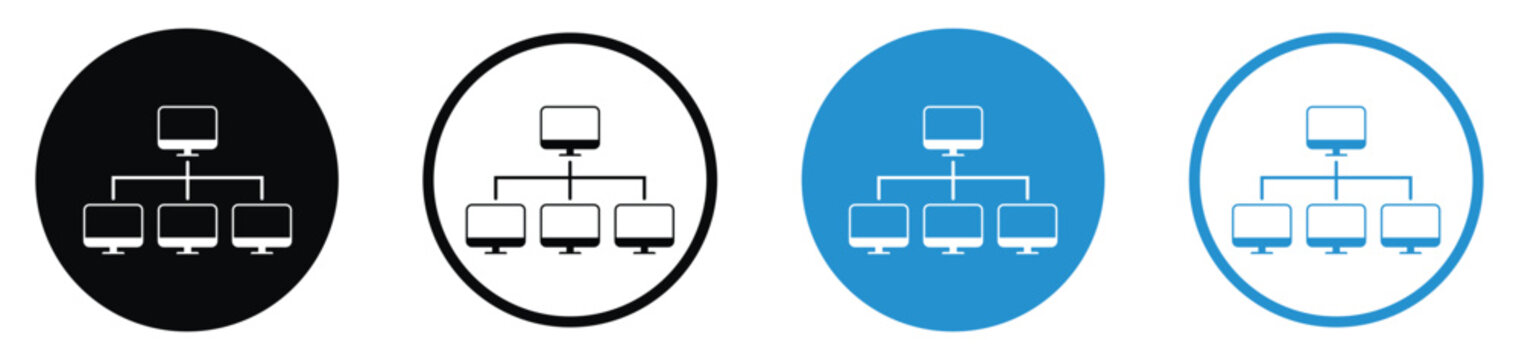 Computer network hierarchy and topology icon set. Represents local area network, mainframe connection, workspace layout, and data distribution. Flat vector design in blue and black.