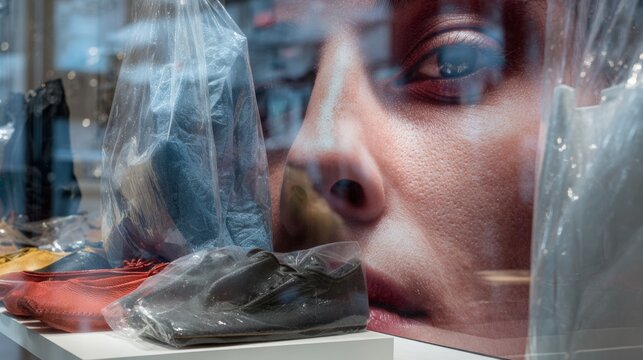 Woman behind translucent plastic with reflective expression