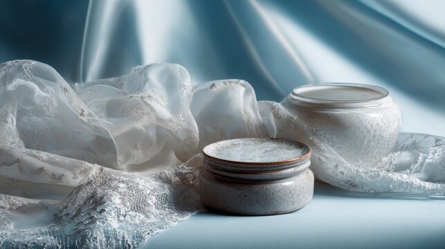 Minimal cosmetic jars with white lace fabric