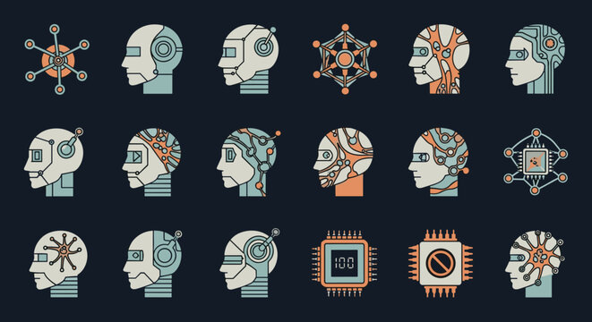 Set of artificial intelligence and machine learning icons including robot heads neural networks and microchips flat vector illustration on dark background, Generative AI.