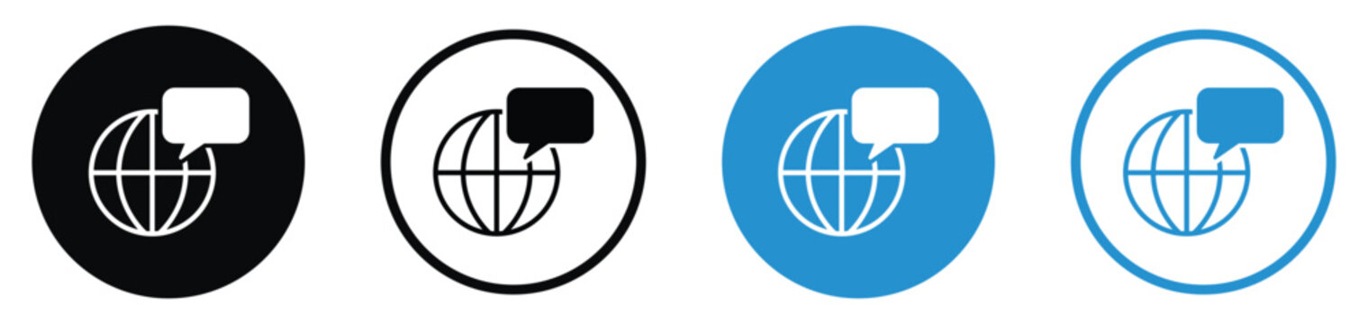 Global communication and internet translation icon set. Shows a world globe with a speech bubble, representing worldwide chat, social networking, and language learning. Flat vector.
