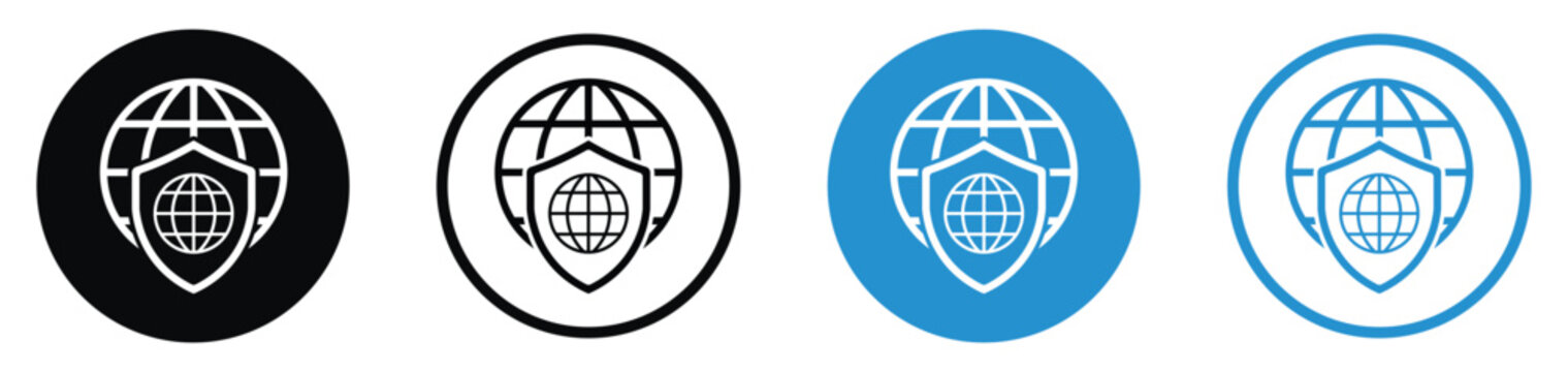Worldwide internet security and data privacy icon set. Illustrates a global grid shielded by an outer layer, representing end to end encryption and full network protection. Flat vector.