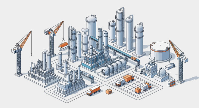 Isometric illustration of an industrial chemical refinery plant with construction cranes.