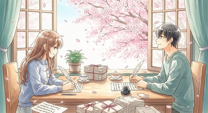 Couple writing at table