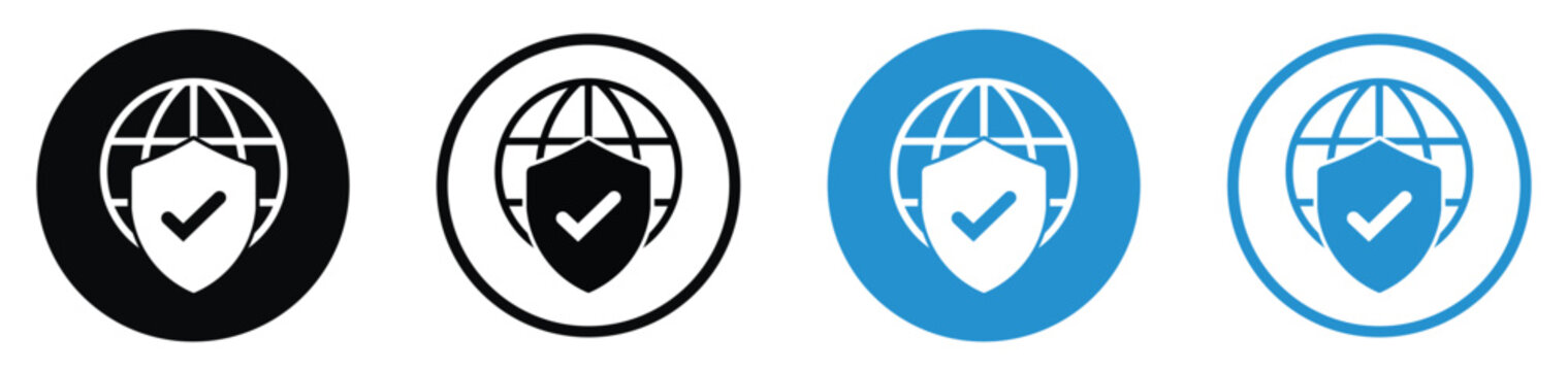 Verified global network security icon set. Features a globe protected by a shield containing a checkmark, representing approved data safety and trusted internet protection. Flat vector.