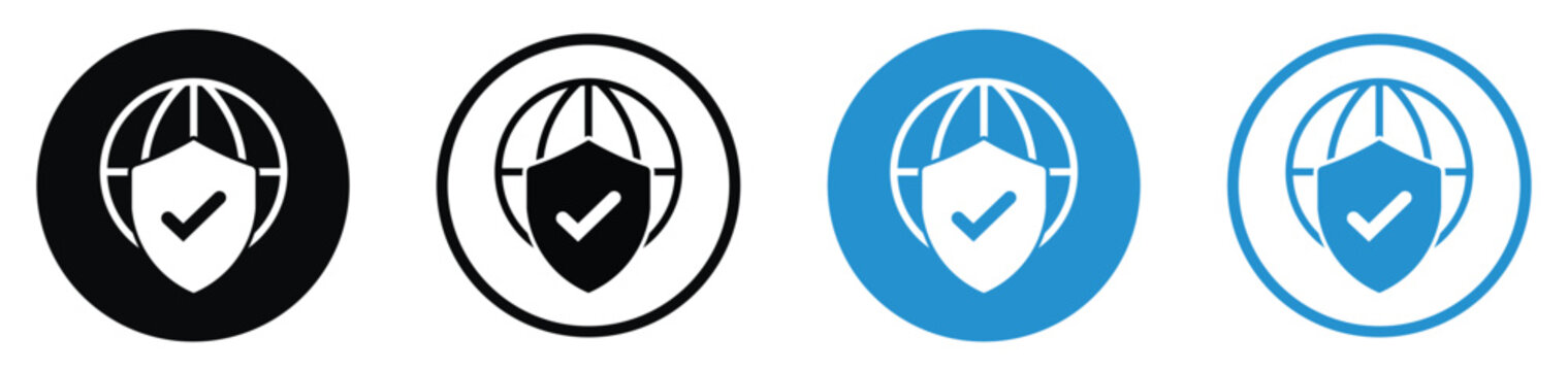 Verified global network security icon set. Features a globe protected by a shield containing a checkmark, representing approved data safety and trusted internet protection. Flat vector.
