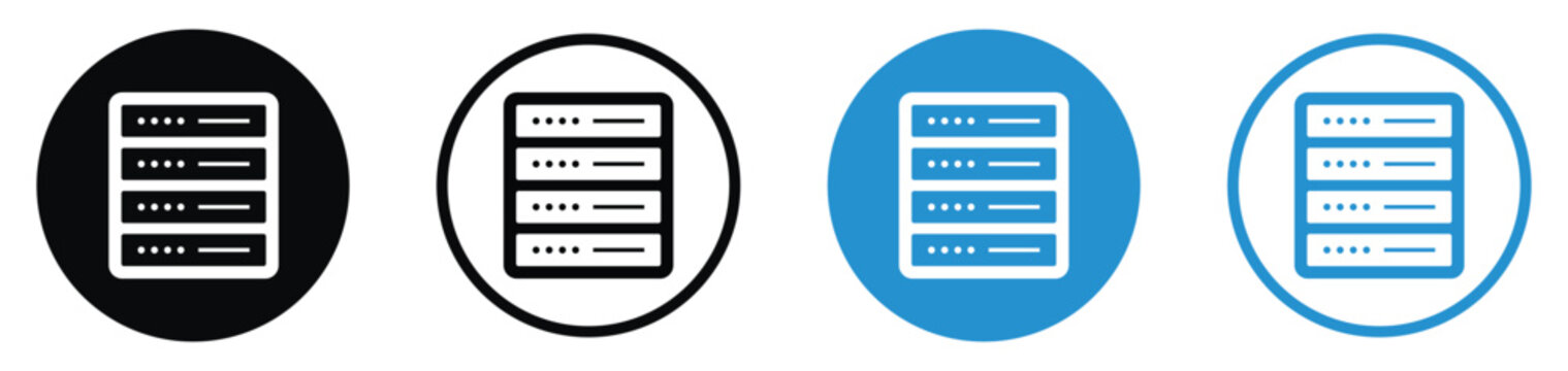 Datacenter server rack icon set. Contains four stacked database storage hardware symbols in minimal black and blue circular layouts. Ideal for web hosting, tech support, and IT infrastructure.