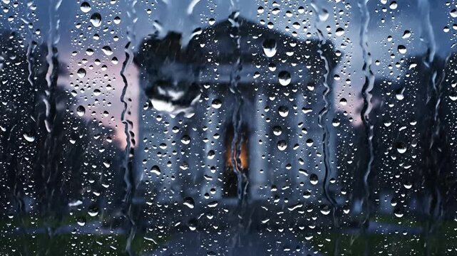 Rainy Day View of a Grand Mausoleum Through Water Droplets on Glass.