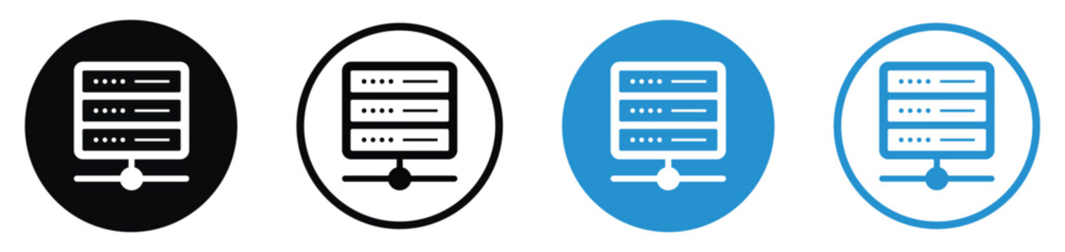Local network server and data exchange icon set. Shows a database connected to a network node in flat black and blue circular designs. Great for system architecture and connectivity layouts.