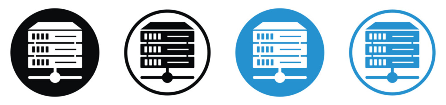 Local network server and data exchange icon set. Shows a database connected to a network node in flat black and blue circular designs. Great for system architecture and connectivity layouts.