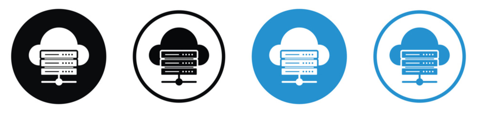 Cloud storage computing and network hub icon set. Features server hardware racks combined with a cloud and network node icon. Ideal for database hosting, data centers, and internet infrastructure.