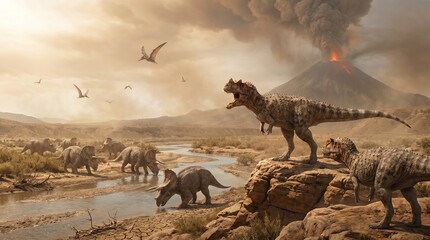 Fototapeta premium ceratosaurus magnicornis : Prehistoric landscape with dinosaurs and a volcanic eruption in the background