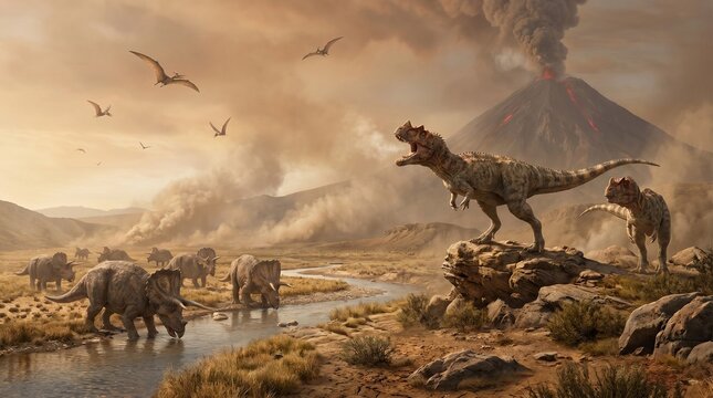 ceratosaurus magnicornis : Dinosaurs in prehistoric landscape. Prehistoric scene showing diverse dinosaur species against a backdrop of a volcano