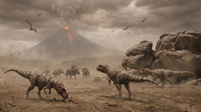 ceratosaurus magnicornis : Dinosaurs roam the prehistoric landscape with erupting volcano