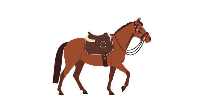 A stylized flat vector illustration of a brown horse in mid-stride motion wearing a dark brown leather saddle and matching bridle set on white.