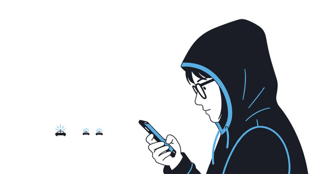 A hooded individual in profile observes their smartphone screen while tiny police car icons float against a minimalist white background in a clean vector style illustration.