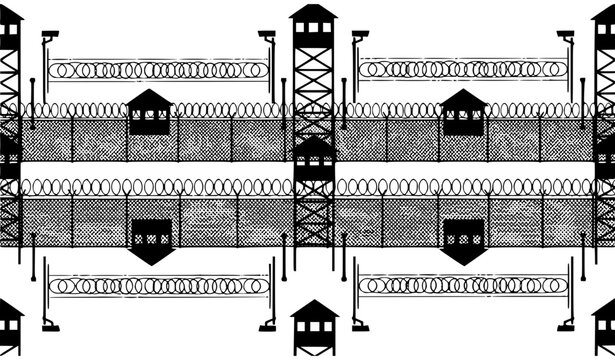 Military Base Security Perimeter Silhouette with Fence and Surveillance Vector