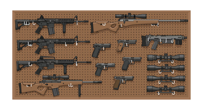Assorted long rifles and handguns are hung on a brown pegboard display wall with multiple telescopic sights arranged neatly in a column in a flat vector style.