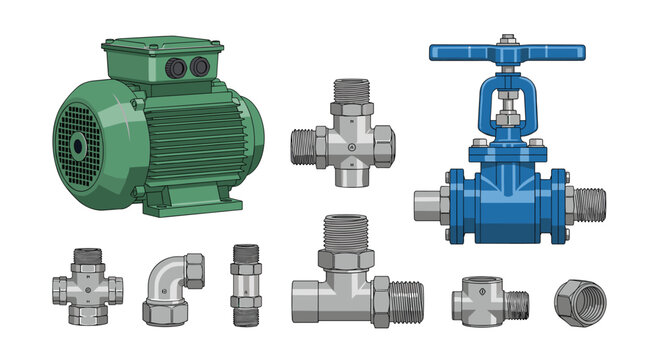 A green industrial electric motor and a blue gate valve are displayed alongside various metal pipe fittings on a plain white background in a flat digital style.
