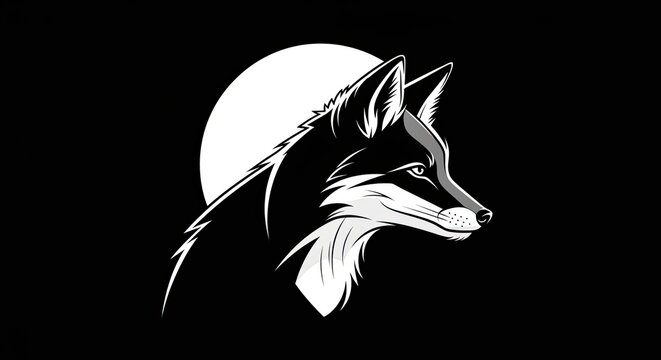 Fox head profile illustration with moon on black background