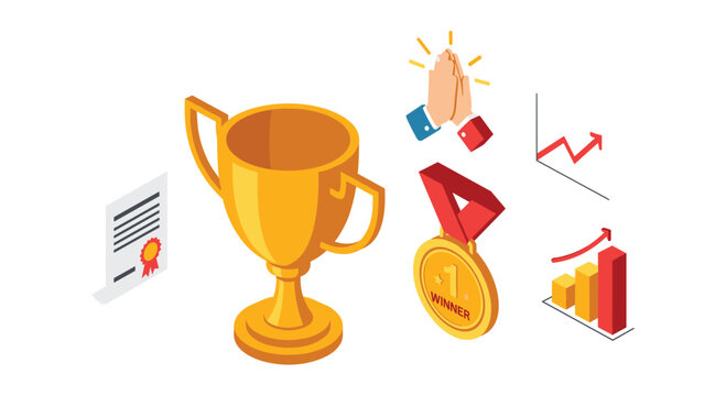 A gold trophy, a winner medal, clapping hands, a certificate, and upward trending bar charts are presented as isolated isometric elements against white background.