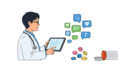 Obraz premium A male doctor in a lab coat uses a digital tablet surrounded by medical icons and pills on a white background for modern healthcare consultation services.